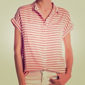 Coral and White Striped Button Up Top
